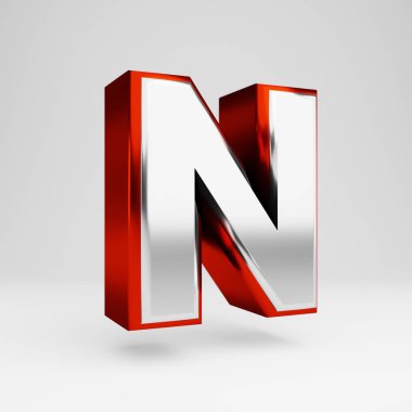 Metal 3d n harfi büyük harf. Metalik kırmızı ve beyaz yazı tipi beyaz arka plan üzerinde izole.