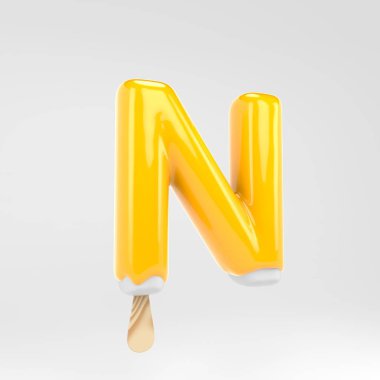 Dondurma harfi N büyük harf. Sarı buzlu alfabe. Beyaz arka plan üzerinde izole 3d işlenmiş tatlı yazı.