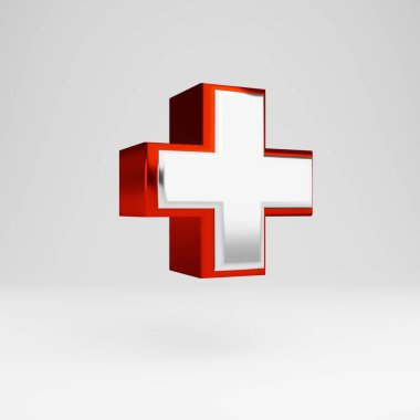 Metal 3d artı sembol. Metalik kırmızı ve beyaz yazı tipi beyaz arka plan üzerinde izole.