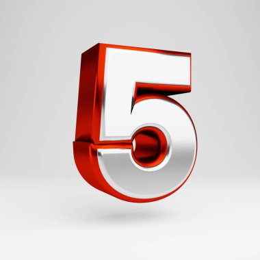 Metal 3d sayısı 5. Metalik kırmızı ve beyaz yazı tipi beyaz arka plan üzerinde izole.