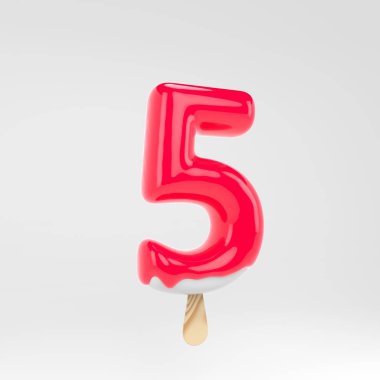 5 numaralı dondurma. Pembe buzlu alfabe. Beyaz arka plan üzerinde izole 3d işlenmiş tatlı yazı.