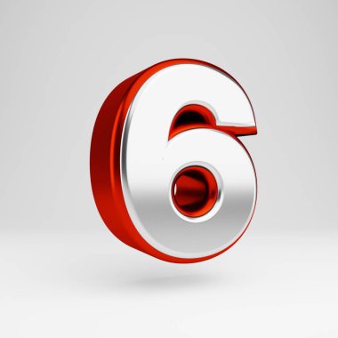 Metal 3d sayı 6 Beyaz arka plan üzerinde izole metalik kırmızı ve beyaz yazı tipi.