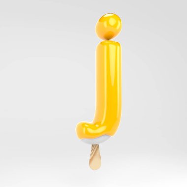 Dondurma harfi J küçük. Sarı buzlu alfabe. Beyaz arka plan üzerinde izole 3d işlenmiş tatlı yazı.