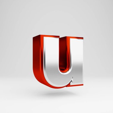 Metal 3d harf U küçük harf. Metalik kırmızı ve beyaz yazı tipi beyaz arka plan üzerinde izole.