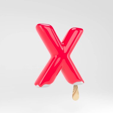 Dondurma mektubu X büyük harf. Pembe buzlu alfabe. Beyaz arka plan üzerinde izole 3d işlenmiş tatlı yazı.