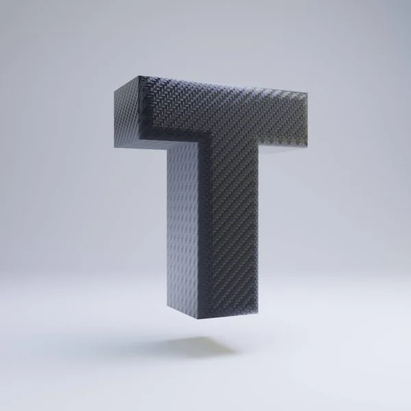碳纤维 3d 字母 T 大写。白色背景上孤立的黑色碳字体. — 图库照片