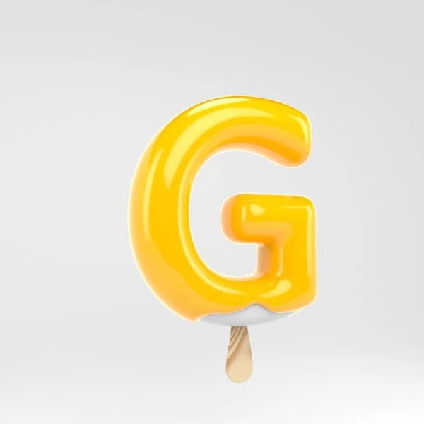 Dondurma harfi G büyük harf. Sarı buzlu alfabe. Beyaz arka plan üzerinde izole 3d işlenmiş tatlı yazı. — Stok fotoğraf