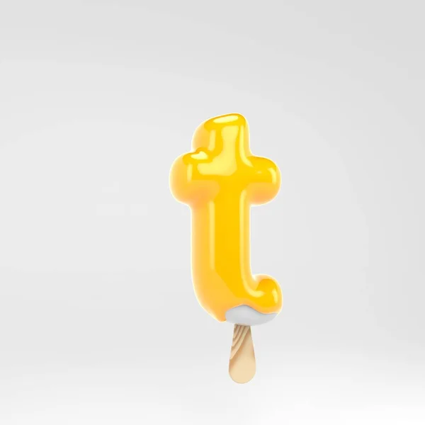 Ice cream letter T lowercase. Yellow popsicle alphabet. 3d rendered dessert lettering isolated on white background. — Stock Photo, Image