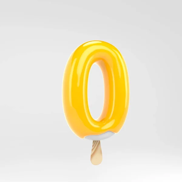 Eis Nummer 0. gelbes Eis am Stiel Alphabet. 3D gerenderter Dessert-Schriftzug isoliert auf weißem Hintergrund. — Stockfoto