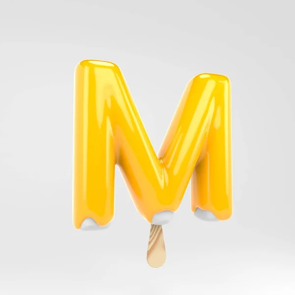 Letra de gelado M maiúscula. Alfabeto de picolé amarelo. 3d renderizado sobremesa lettering isolado no fundo branco . — Fotografia de Stock