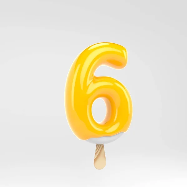 Glass nummer 6. Gula Popsicle alfabetet. 3D renderade dessert bokstäver isolerade på vit bakgrund. — Stockfoto