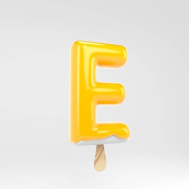 Dondurma mektubu E büyük harf. Sarı buzlu alfabe. Beyaz arka plan üzerinde izole 3d işlenmiş tatlı yazı.
