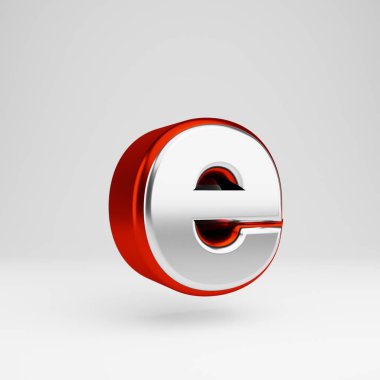 Metal 3d harf E küçük harf. Metalik kırmızı ve beyaz yazı tipi beyaz arka plan üzerinde izole.