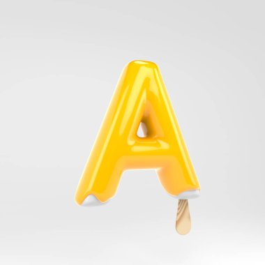 Dondurma mektubu A büyük harf. Sarı buzlu alfabe. Beyaz arka plan üzerinde izole 3d işlenmiş tatlı yazı.