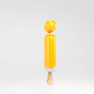 Dondurma mektubu nu küçük düşürüyorum. Sarı buzlu alfabe. Beyaz arka plan üzerinde izole 3d işlenmiş tatlı yazı.