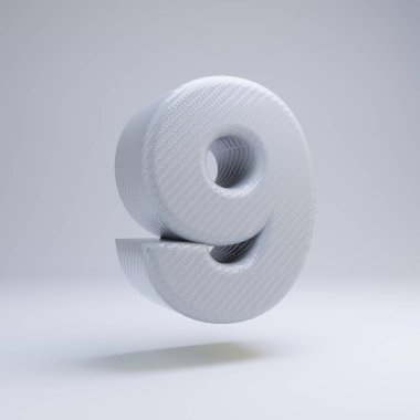 Karbon fiber 3d sayısı 9. Beyaz arka planda yalıtılmış beyaz karbon yazı tipi.