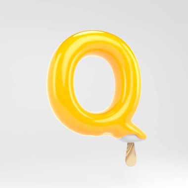 Dondurma mektubu Q büyük harf. Sarı buzlu alfabe. Beyaz arka plan üzerinde izole 3d işlenmiş tatlı yazı.