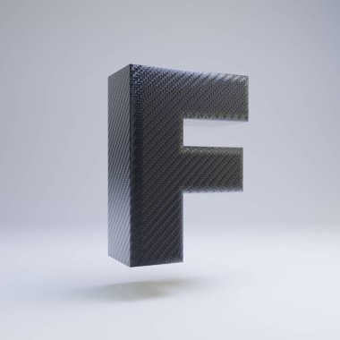 Karbon fiber 3d f harfi büyük harf. Beyaz arka planda yalıtılmış siyah karbon yazı tipi.