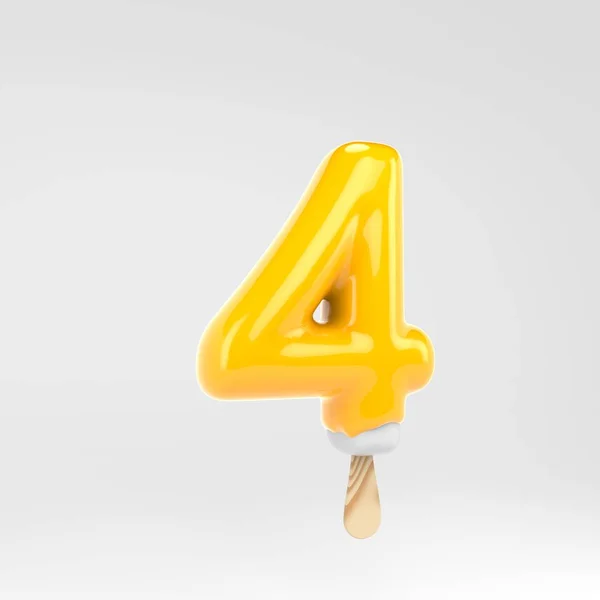 Zmrzlina číslo 4. Žlutá, nanicá abeceda. 3D vykreslený dezert, izolovaný na bílém pozadí. — Stock fotografie