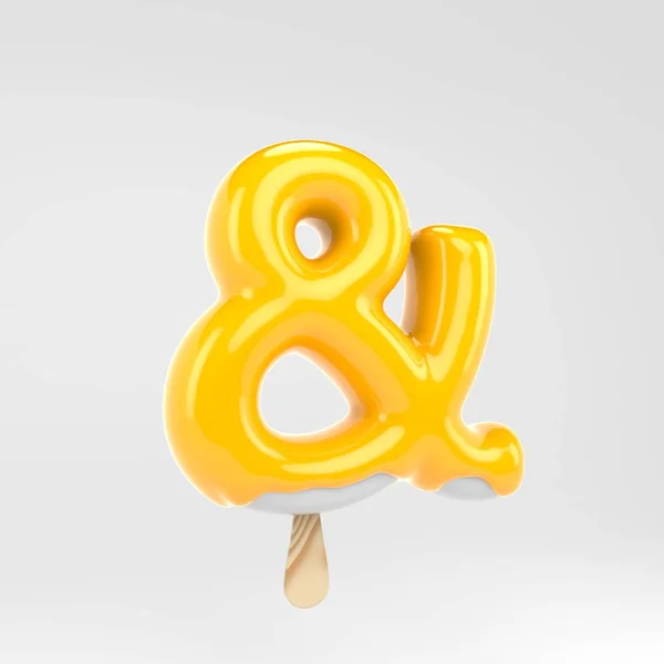 Dondurma ampersand sembolü. Sarı buzlu alfabe. Beyaz arka plan üzerinde izole 3d işlenmiş tatlı yazı. — Stok fotoğraf