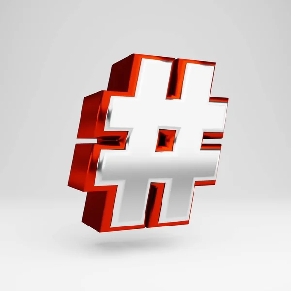 Hashtag-Symbol aus Metall. metallische rote und weiße Schrift isoliert auf weißem Hintergrund. — Stockfoto