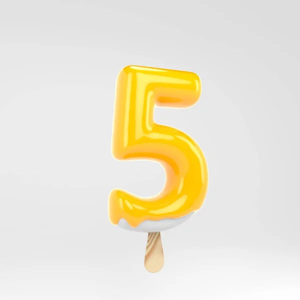 아이스크림 번호 5. 노란색 아이스캔디 알파벳입니다. 흰색 배경에 격리 된 3d 렌더링 디저트 문자. — 스톡 사진