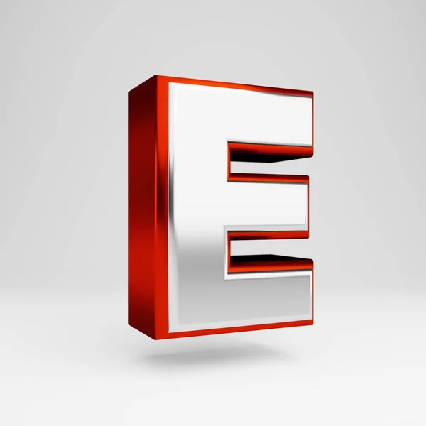 金属 3d 字母 E 大写。白色背景上隔离的金属红色和白色字体. — 图库照片