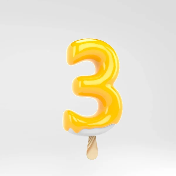 Jégkrém 3-as szám. Sárga Popsicle ábécé. 3D kiolvasztott desszert betűk izolált fehér háttér. — Stock Fotó