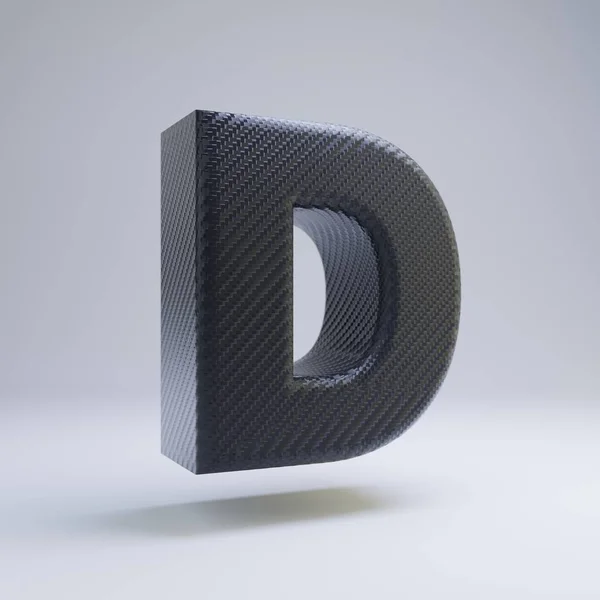 碳纤维 3d 字母 D 大写。白色背景上孤立的黑色碳字体. — 图库照片