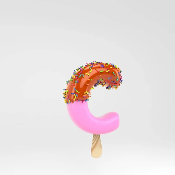 冰淇淋字母 C 小写。粉红色水果冰棒字体与焦糖和洒在白色背景上隔离. — 图库照片
