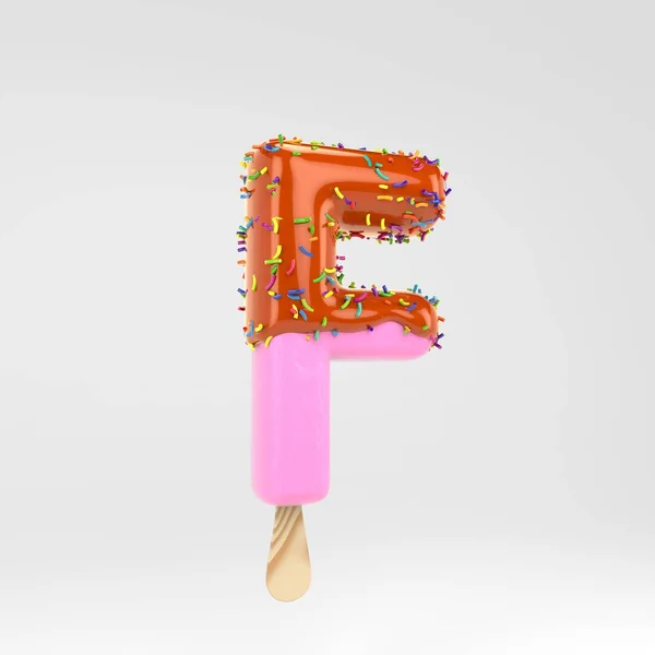 Письмо-мороженое F в прописке. Розовый фруктовый шрифт эскимо с карамелью и брызги изолированы на белом фоне . — стоковое фото