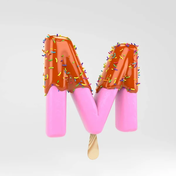 Ice cream letter M uppercase. Pink fruit popsicle font with caramel and sprinkles isolated on white background. — Stock Photo, Image