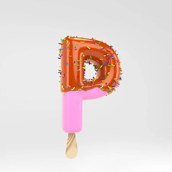 Ice cream letter P uppercase. Pink fruit popsicle font with caramel and sprinkles isolated on white background. — Stock Photo, Image