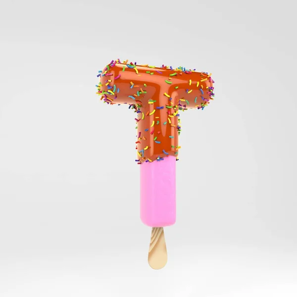Carta de helado T mayúscula. Fuente de paleta de fruta rosa con caramelo y salpicaduras aisladas sobre fondo blanco . — Foto de Stock