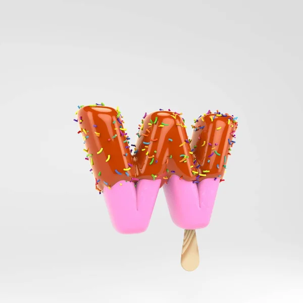 Ice cream letter W lowercase. Pink fruit popsicle font with caramel and sprinkles isolated on white background. — Stock Photo, Image