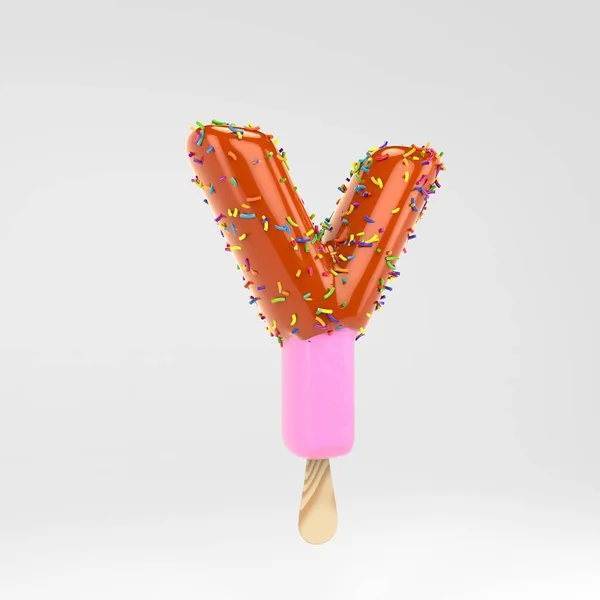 Lettera gelato Y maiuscola. Caratteristica ghiacciolo alla frutta rosa con caramello e spruzzi isolati su sfondo bianco . — Foto Stock
