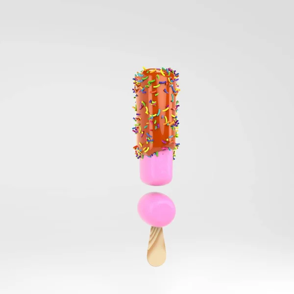 Símbolo do ponto de exclamação do gelado. Fonte de picolé de frutas rosa com caramelo e polvilhas isoladas em fundo branco . — Fotografia de Stock