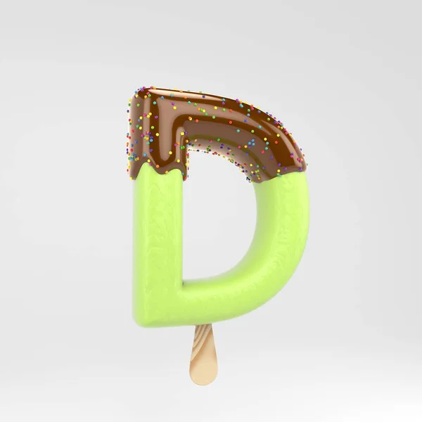 冰淇淋字母 D 大写。开心果冰棒字体与热巧克力和洒在白色背景上隔离. — 图库照片