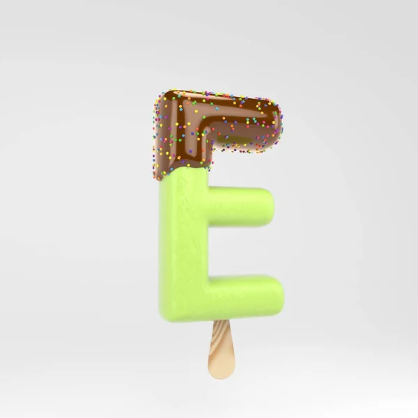 Dondurma mektubu E büyük harf. Sıcak çikolata ve beyaz arka plan üzerinde izole serpinti ile Antep fıstığı popsicle yazı. — Stok fotoğraf