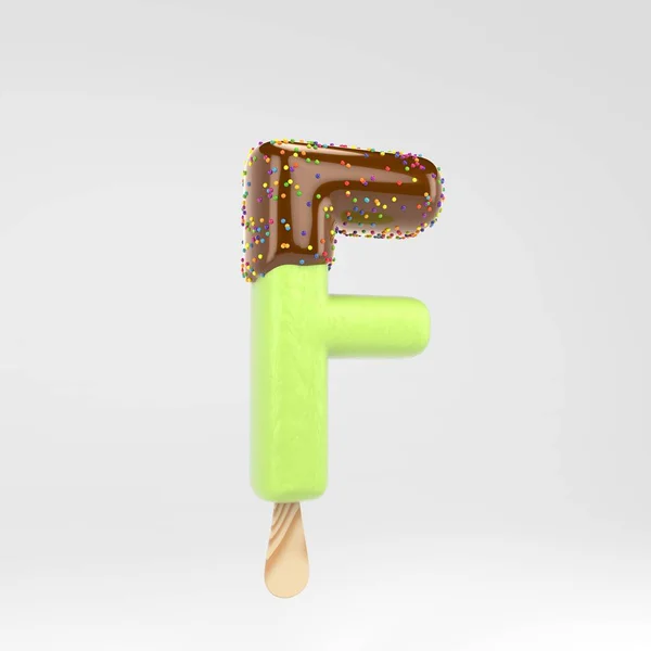 Письмо-мороженое F в прописке. Шрифт из фисташкового мороженого с горячим шоколадом и брызгами на белом фоне . — стоковое фото