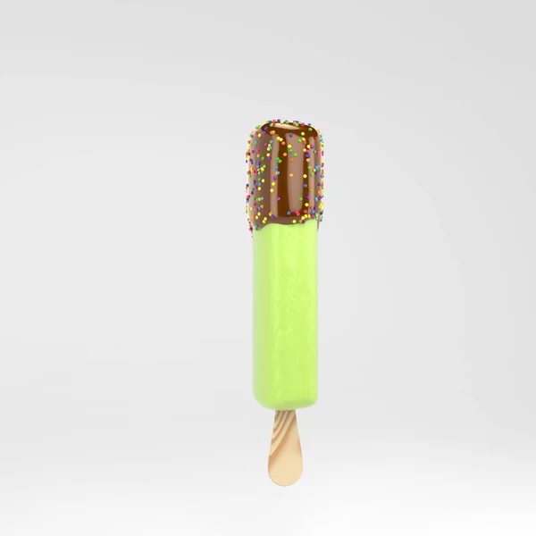 Ice cream letter I uppercase. Pistachio popsicle font with hot chocolate and sprinkles isolated on white background. — Stock Photo, Image