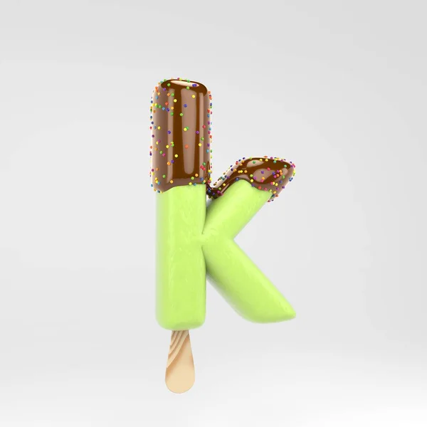 Letra de gelado K minúscula. Pistachio popsicle fonte com chocolate quente e polvilhas isoladas em fundo branco . — Fotografia de Stock