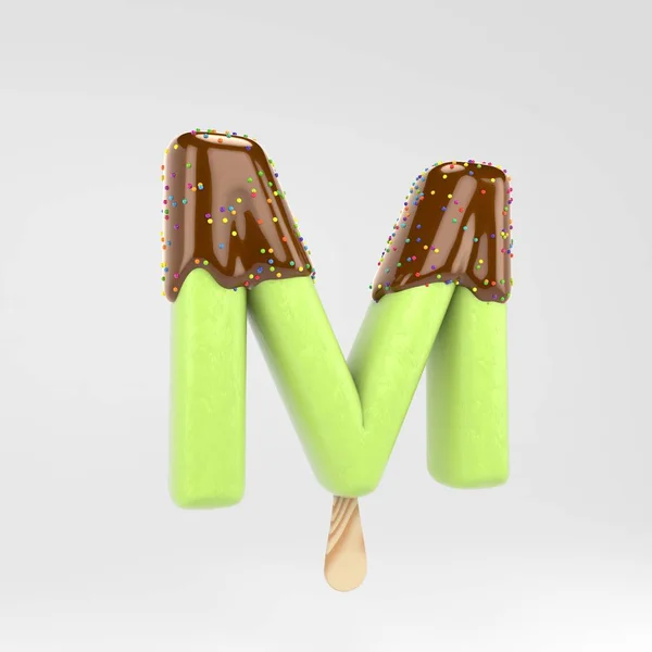 Letra de gelado M maiúscula. Pistachio popsicle fonte com chocolate quente e polvilhas isoladas em fundo branco . — Fotografia de Stock