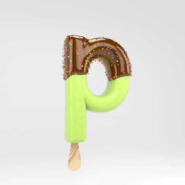Lodziarnia litera P małe. Pistacja Popsicle czcionka z gorącą czekoladą i posypką wyizolowaną na białym tle. — Zdjęcie stockowe