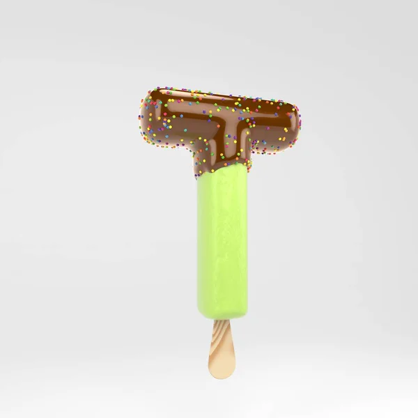Ice cream letter T uppercase. Pistachio popsicle font with hot chocolate and sprinkles isolated on white background. — Stock Photo, Image