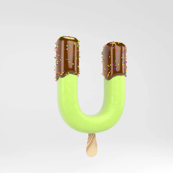 Letra de gelado U maiúscula. Pistachio popsicle fonte com chocolate quente e polvilhas isoladas em fundo branco . — Fotografia de Stock