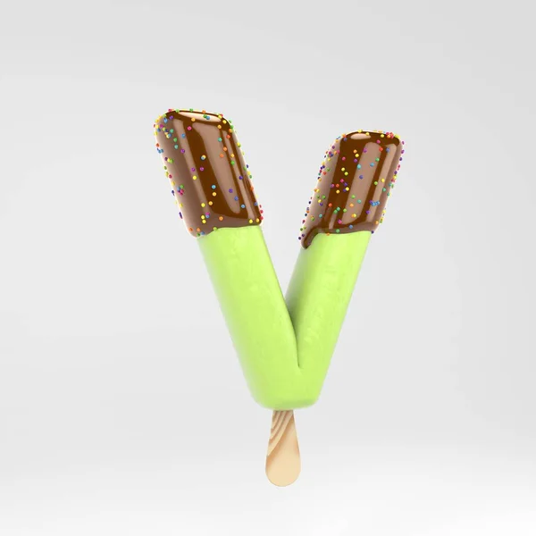 Ice cream letter V uppercase. Pistachio popsicle font with hot chocolate and sprinkles isolated on white background. — Stock Photo, Image