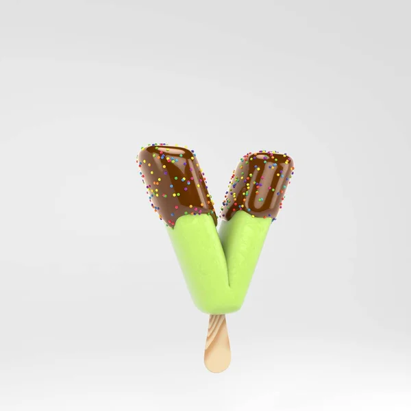 Dondurma harfi V küçük. Sıcak çikolata ve beyaz arka plan üzerinde izole serpinti ile Antep fıstığı popsicle yazı. — Stok fotoğraf