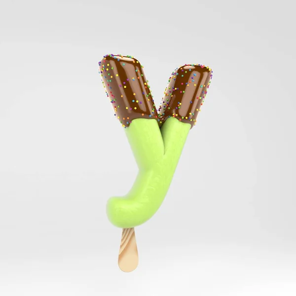 Письмо-мороженое Y в нижнем регистре. Шрифт из фисташкового мороженого с горячим шоколадом и брызгами на белом фоне . — стоковое фото