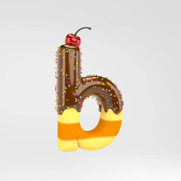 Letter B lowercase. Cake font with chocolate, sprinkles and cherry on top isolated on white background.